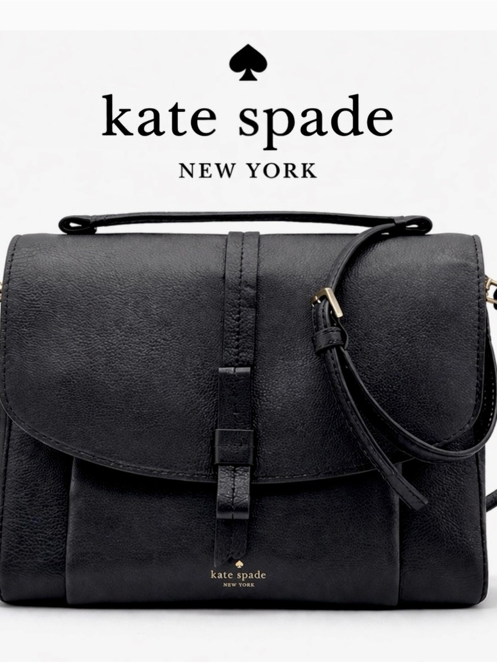 kate spade Black Leather Flap Satchel with Top Handle